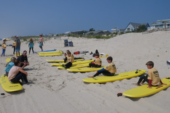 a group of people sitting at a beach