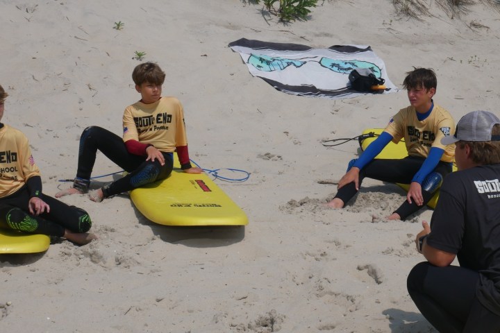 a group of people sitting at a beach