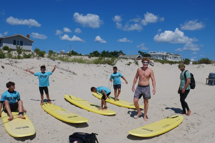 a group of people sitting at a beach