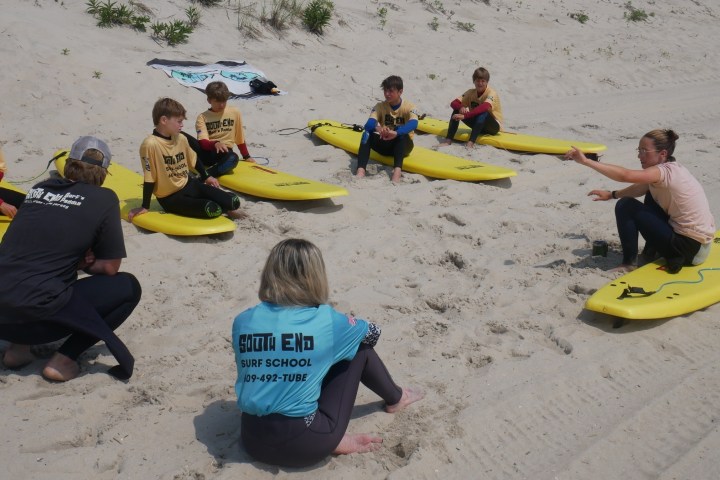 a group of people sitting at a beach